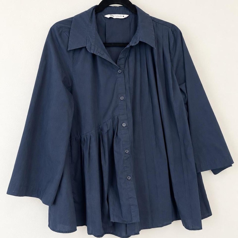 Zara Navy Asymmetric Pleated Button-Front Blouse | Size L